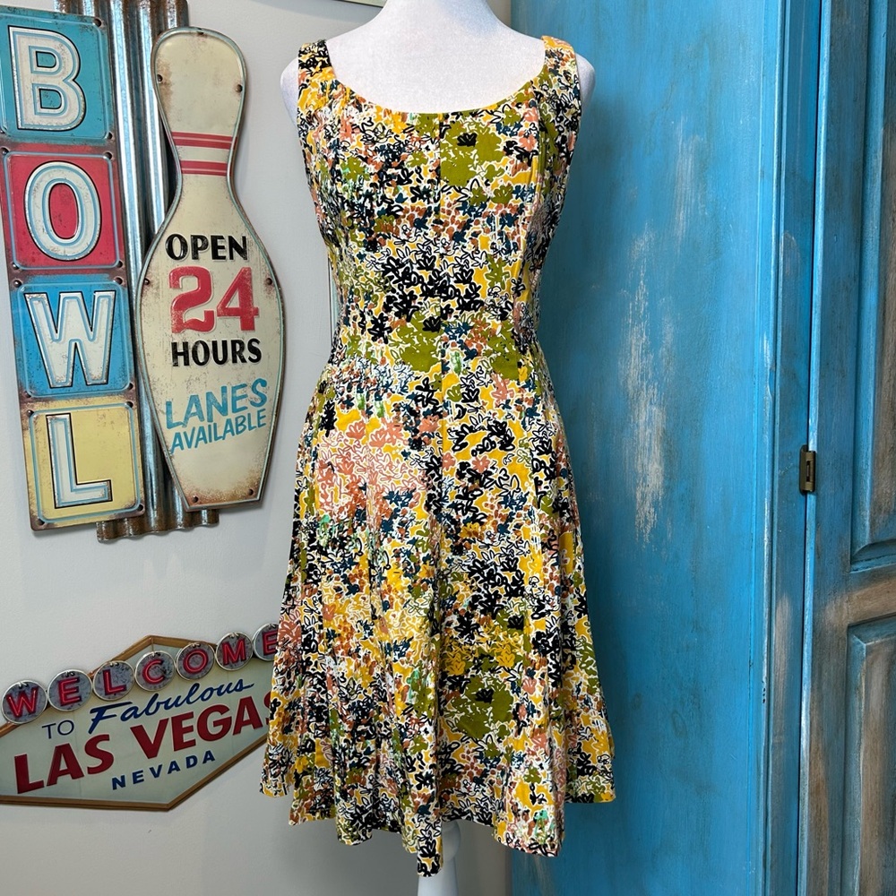 Nine West Colorful Patterned Fit & Flare Dress Garden Party Artsy Whimsy